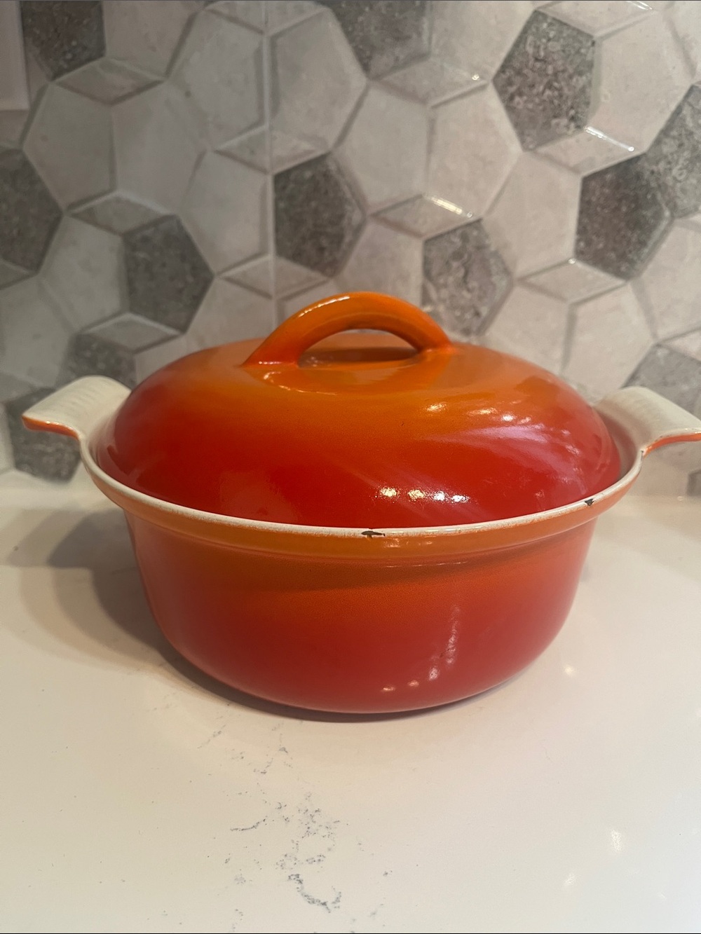 Descoware Vintage Orange Enameled Cast Iron Covered Casserole Dish